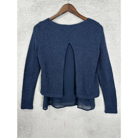 Forever 21 top womens small blue metallic weave sheer hem open back casual layer - Picture 2 of 5